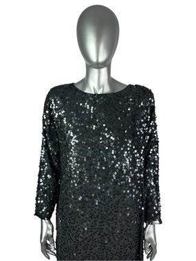 Black Sequin Dress, Sz L, Three Flaggs, NWT, Vintage 1980s